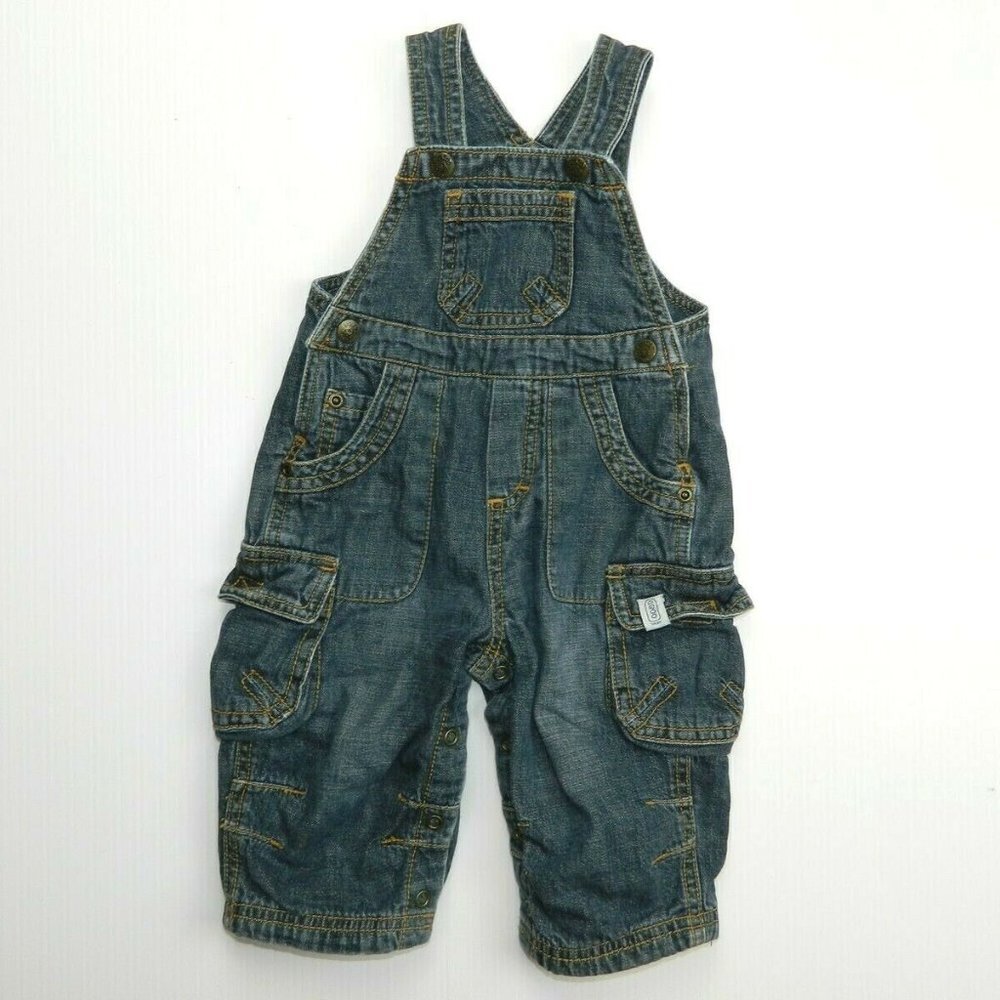 The Children's Place Blue Denim Jersey Lined Cargo Overalls Baby 6-9 Months 6m